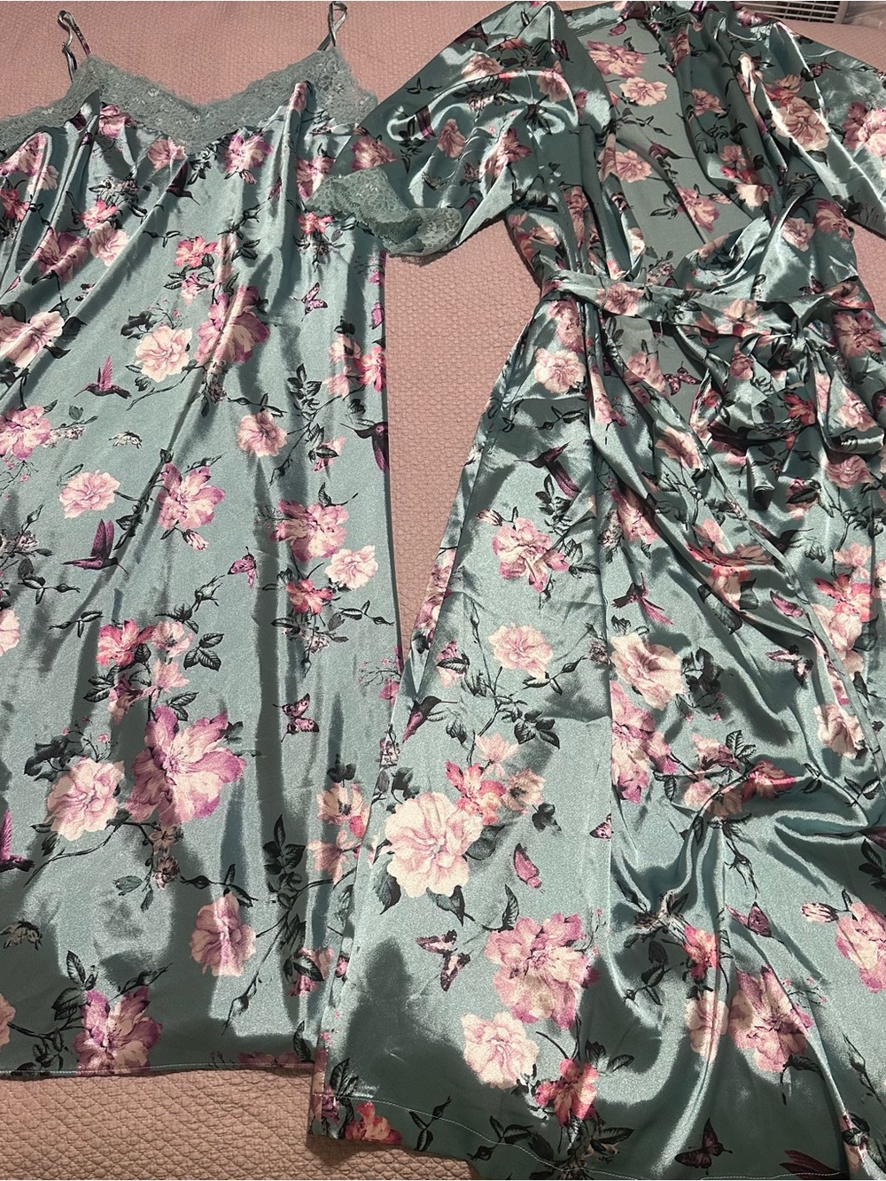 INC Teal Satin Floral Slip nightgown/robe with Pink Blooms